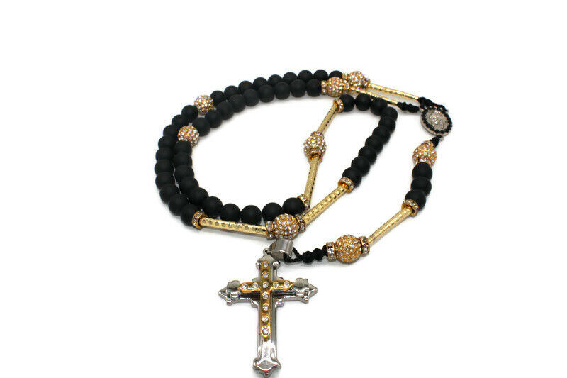 Cross Rosary Necklace Handmade Matt Black Round Beads Gold Filled Tubes NEW