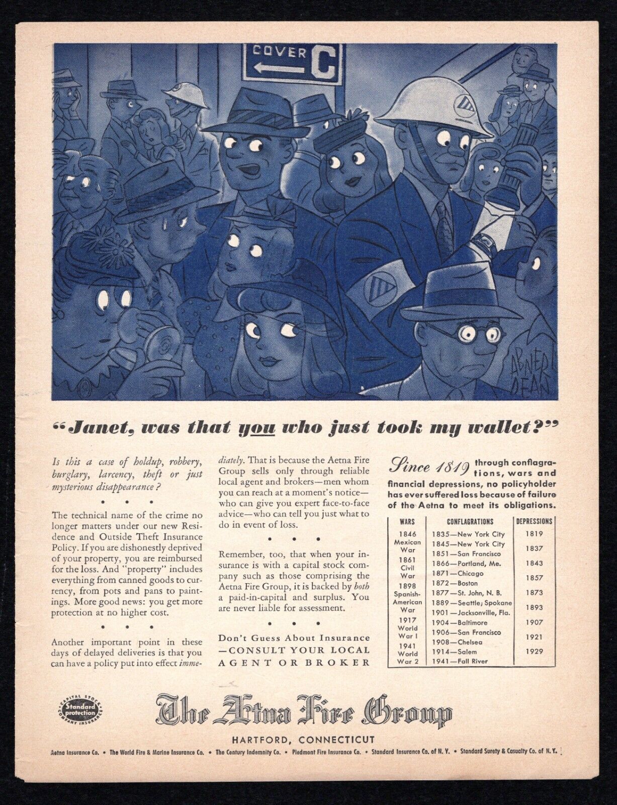 1943 Aetna Fire Group Insure Janet Was That YOU Who Just Took My Wallet Print Ad