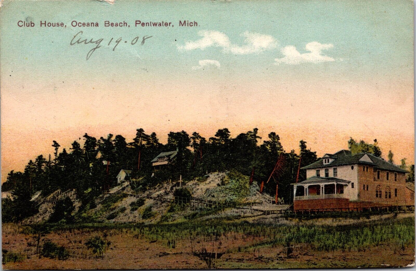 Pentwater Mich. Colorized Vintage Postcard Club House Oceana Beach Posted 1908