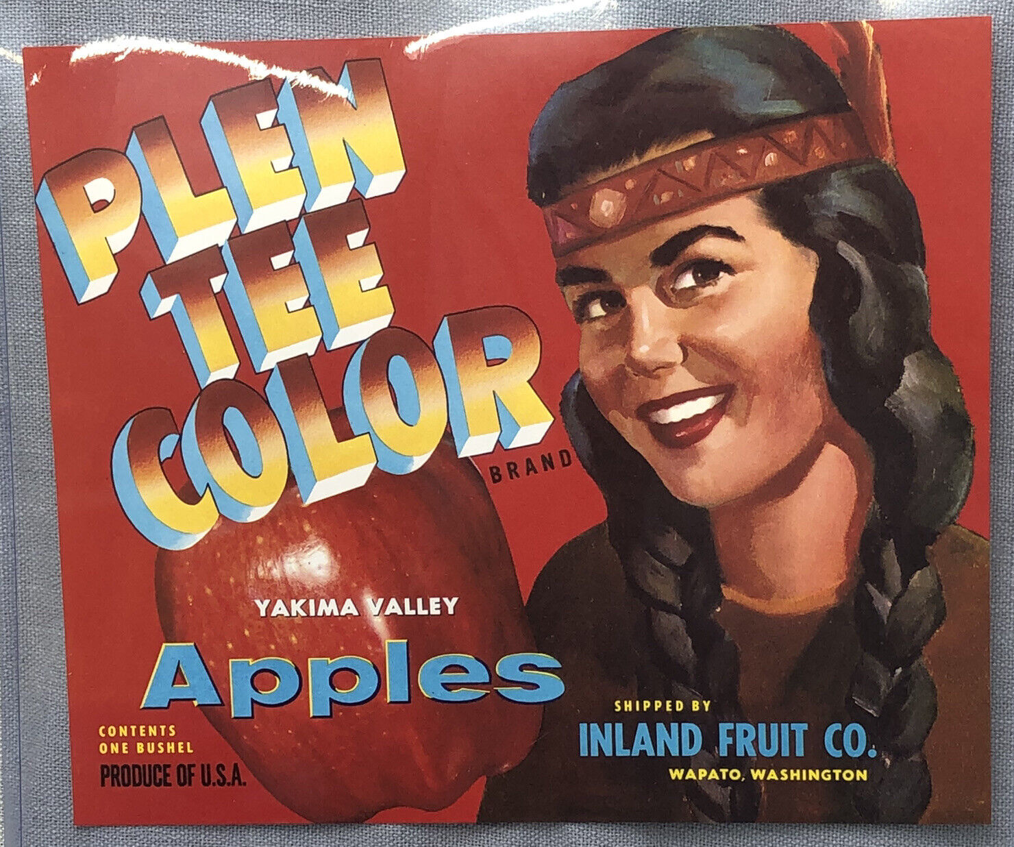 Original Plen Tee Color Apples Yakama Valley Washington Crate Label C1940S