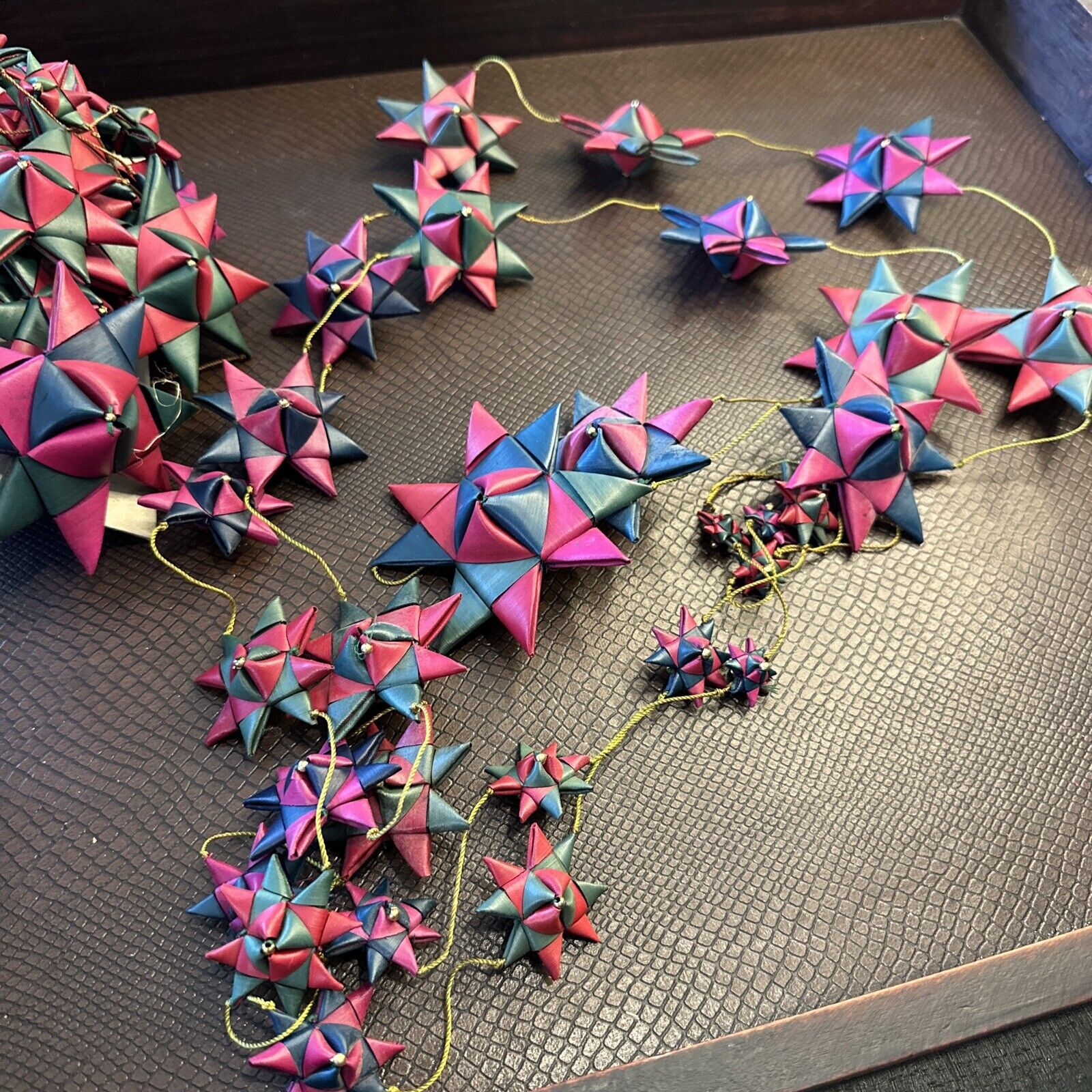 Vintage Handmade Christmas Garland Palm (?) Leaf Origami Stars Set Of 2, 9’ Each