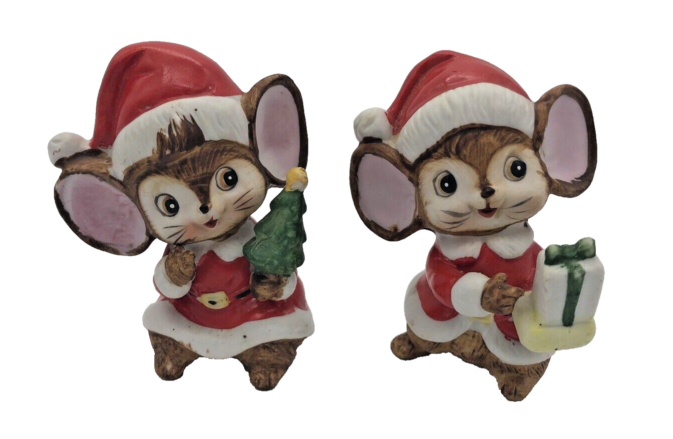 Vintage Set Of (2) Homco  Christmas Mice Figurines Ceramic.  #5405