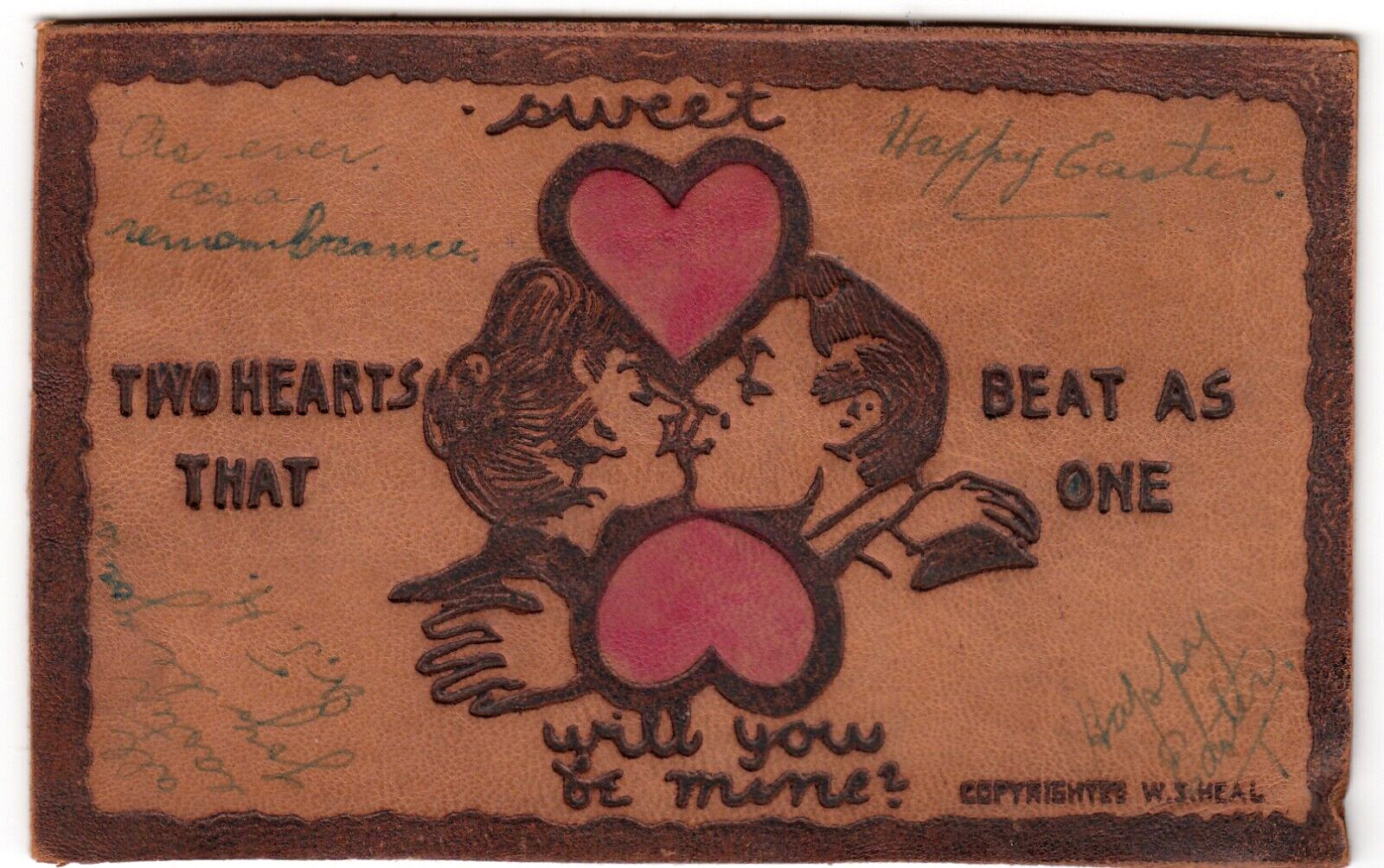 c1906 Comic Leather Postcard ~Sweet Hearts~ Romantic Couple with Heart Motif