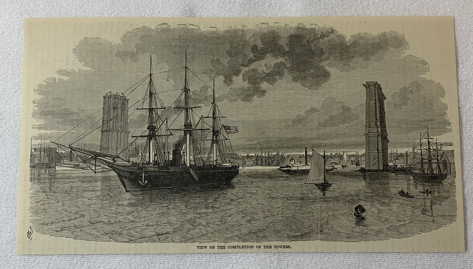 1883 magazine engraving ~ BROOKLYN BRIDGE Completion Of The Towers