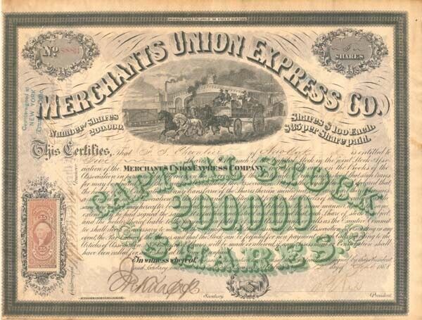 Merchants Union Express Co. - Fantastic Express Stock Certificate with Revenue S