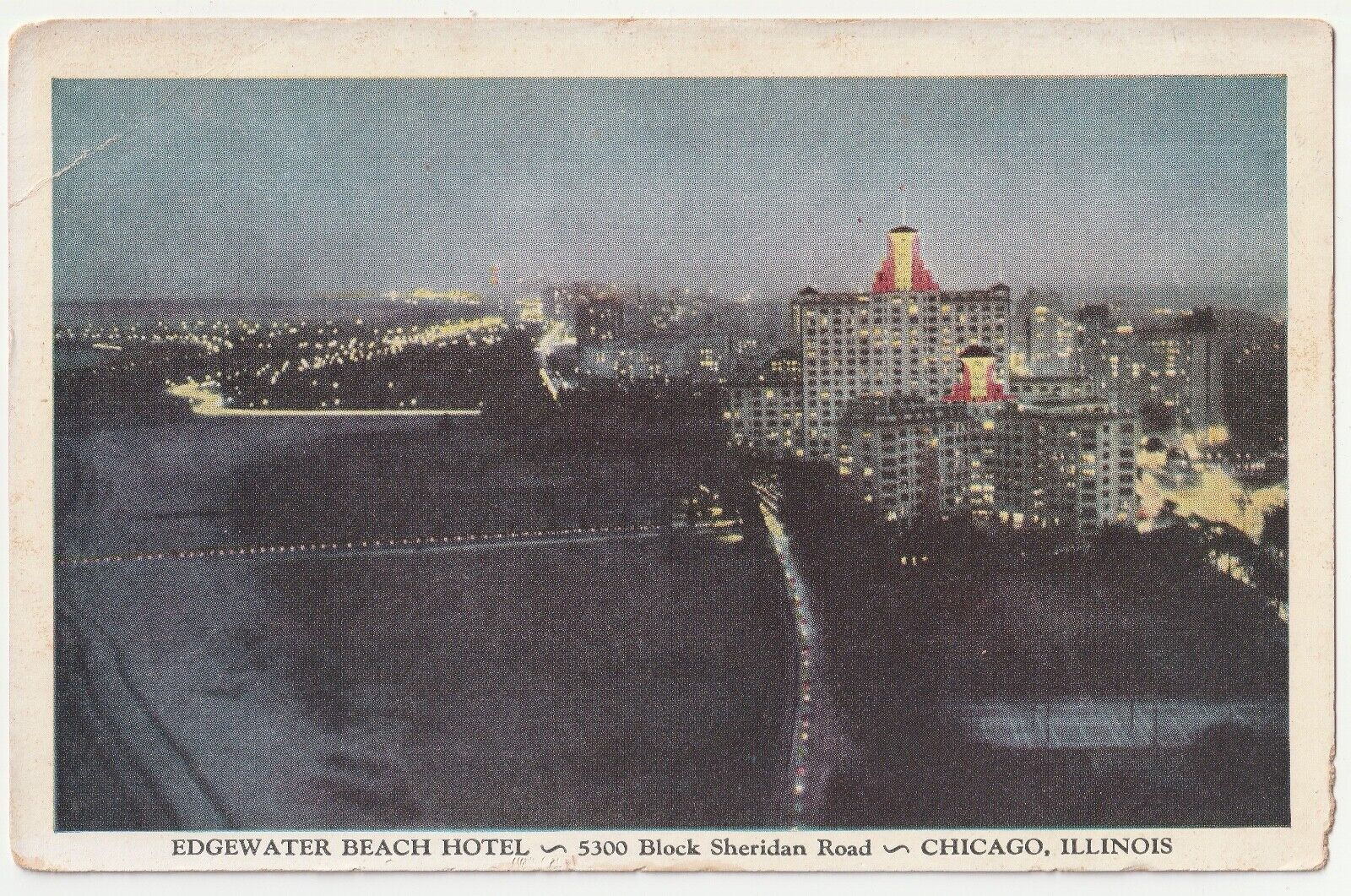 c1940s-50s Chicago Illinois IL Edgewater Beach Hotel Night View VTG Postcard