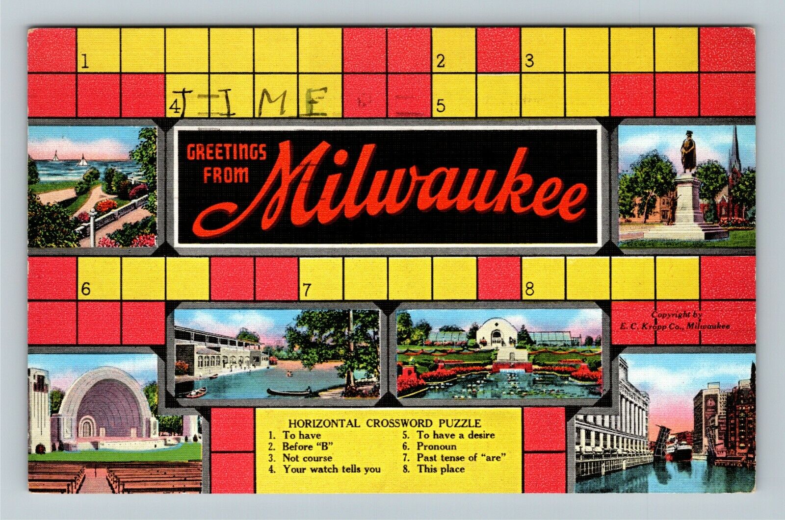 Milwaukee WI-Wisconsin LARGE LETTER Greetings Crossword  Vintage Postcard