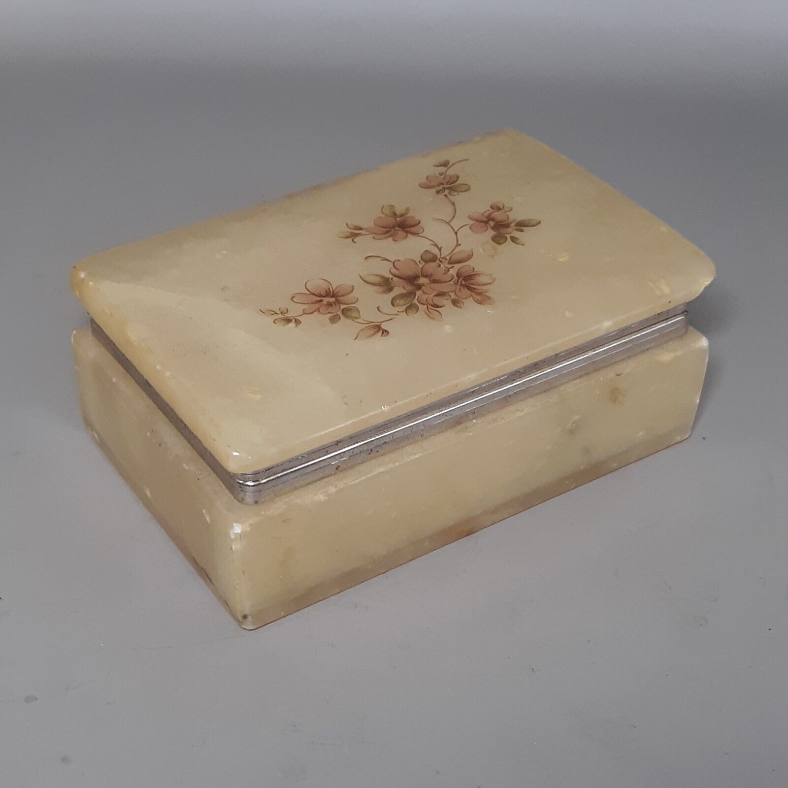 VTG Genuine Alabaster Soap Dish Trinket Jewelry Box Hand Made Italy Rose Flower 