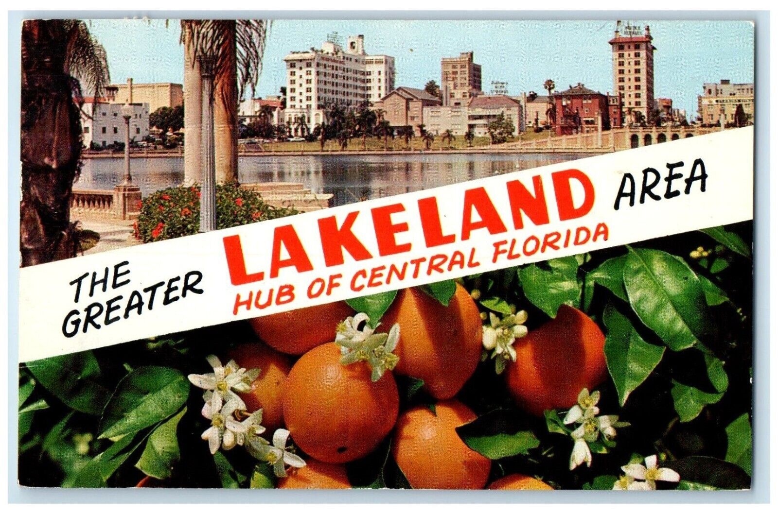 1958 Greater Area Central Skyline Lakeland Lake Mirror Florida Banner Postcard