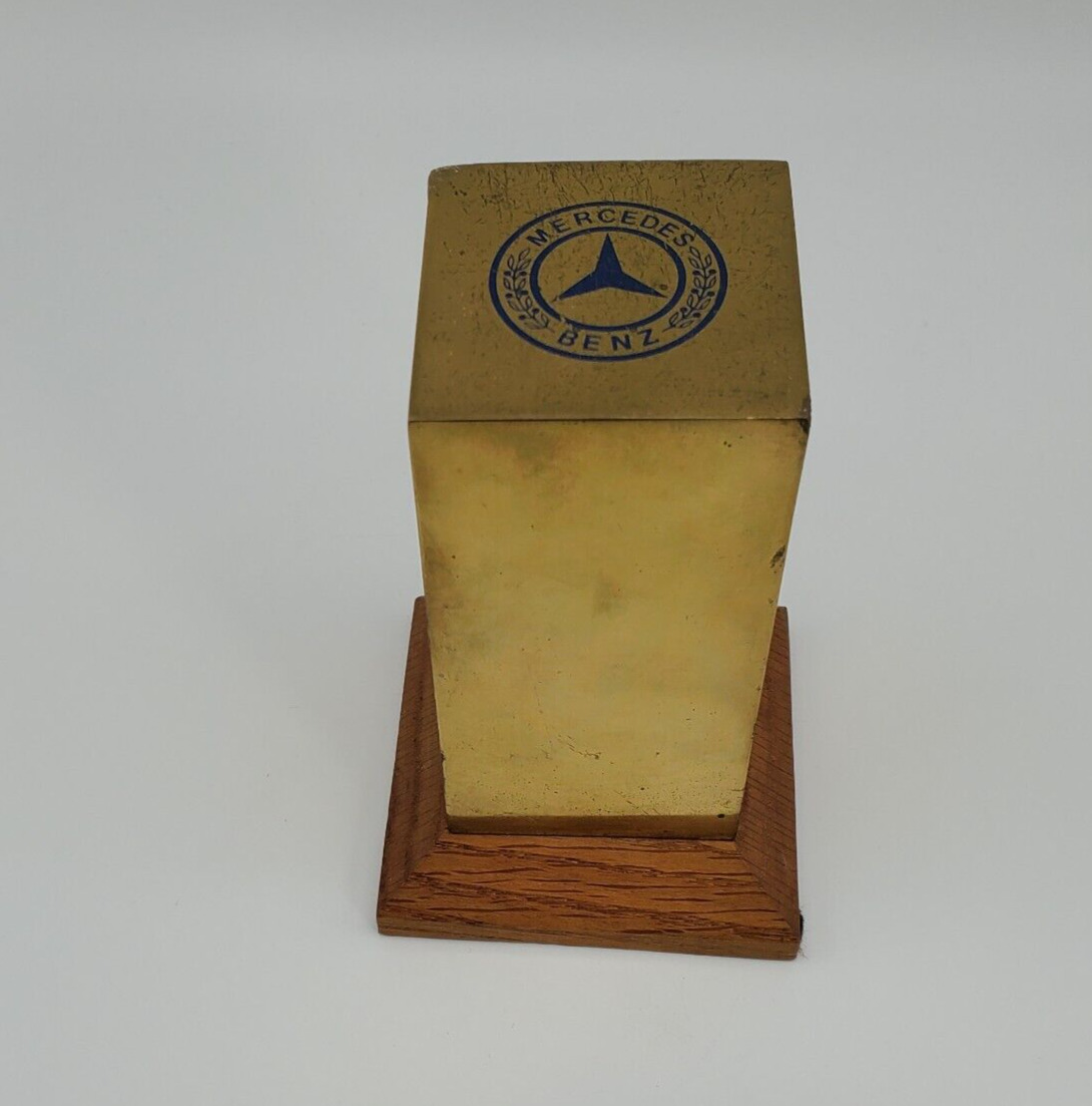 Mercedes Benz Vintage Solid Brass Block on Wood Base Award Promotion HEAVY