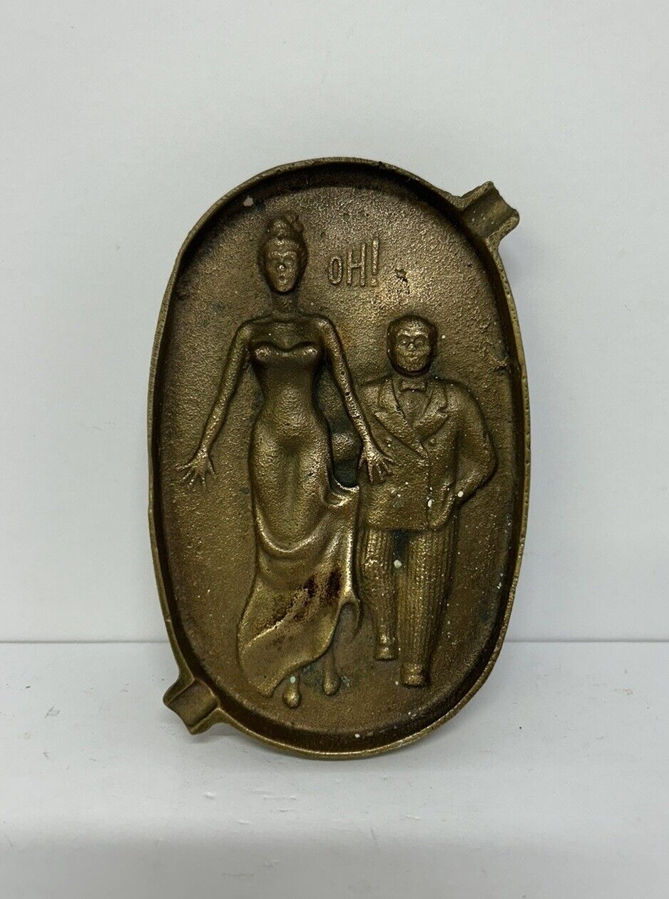 Vintage Risque “OH” Cast Brass Ashtray Double Sided Man & Woman