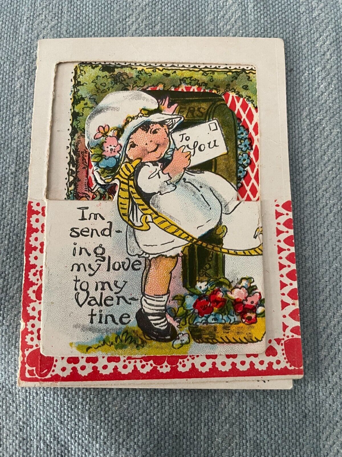 Mini Valentines Day Card Early 1900\'s Children & Dog Little Girl & Boy Vintage 