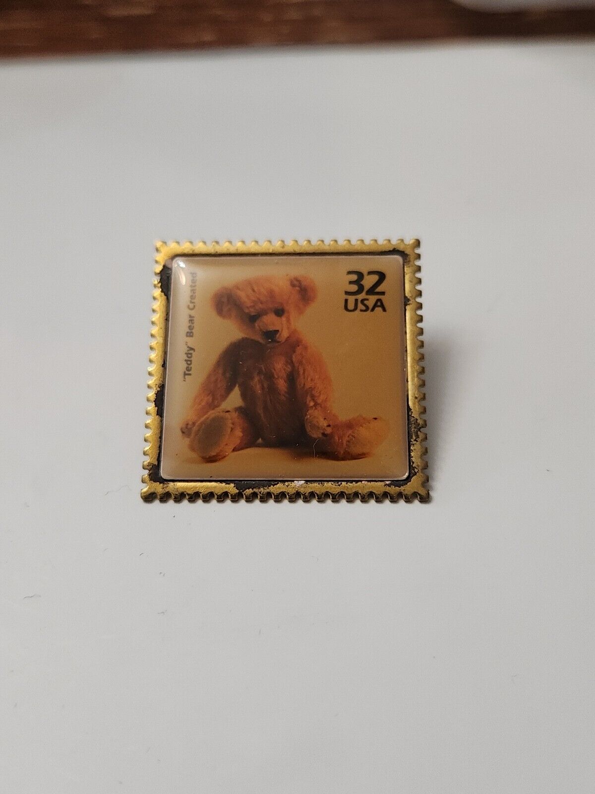 Vintage Estate Postage Stamp Teddy Bear Goldtone Brooch 32 USA
