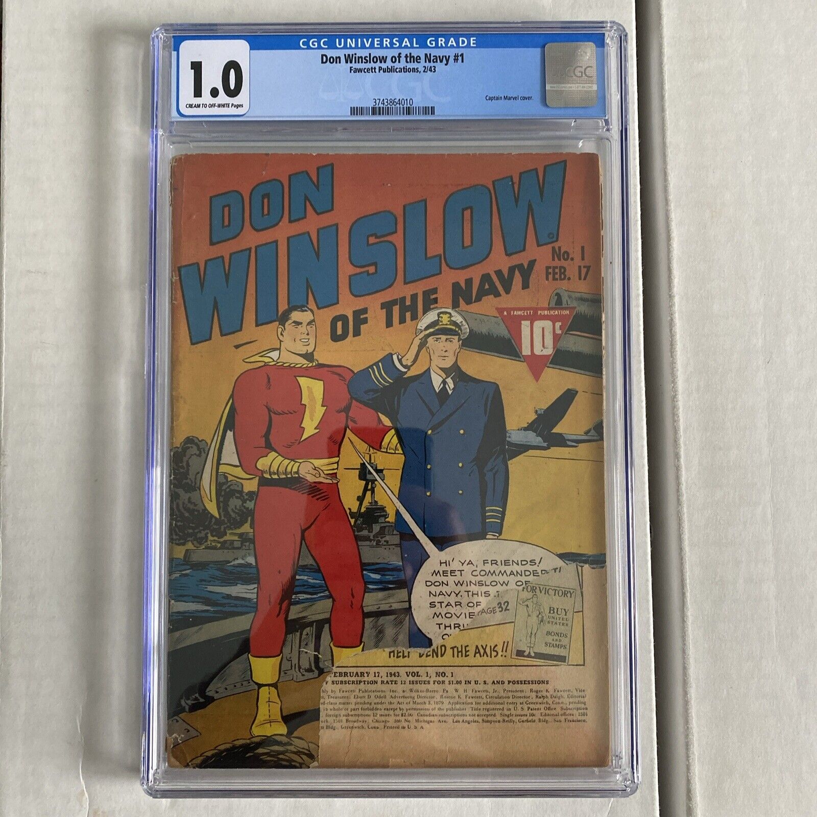 DON WINSLOW OF THE NAVY #1 CGC 1.0 Fawcett Comics 1943 WWI Cover Captain Marvel