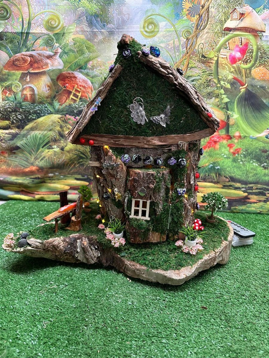 Fairy House Tree Stump Fully Decorated With Lights Must See