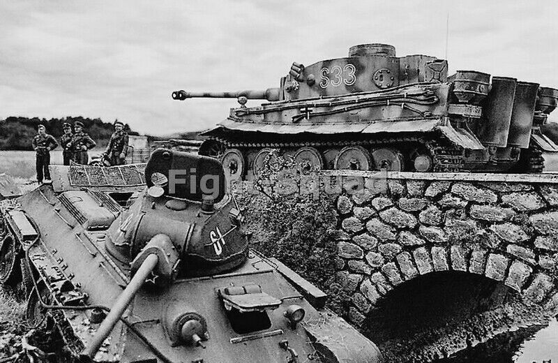 WW2 Picture Photo Tiger tank crossing a bridge with destroyed T-34 beside  3200