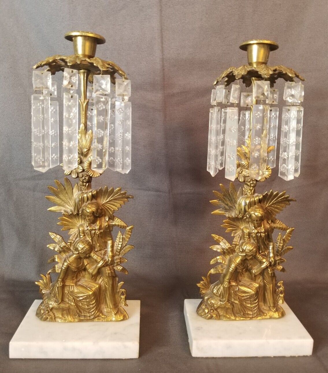 Cristal Girandol Victorian parlor Palm leaves Brass candelabra Antique 1920s
