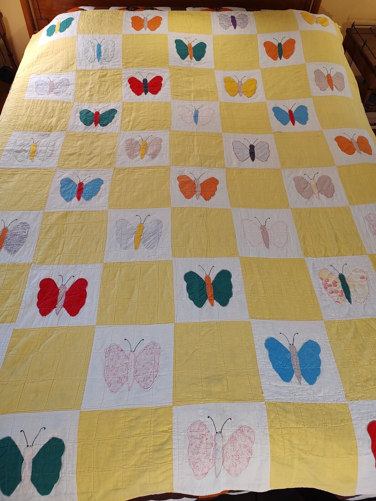 Vintage Butterfly Applique Hand Made Bead Spread Quilt No Batting Twin