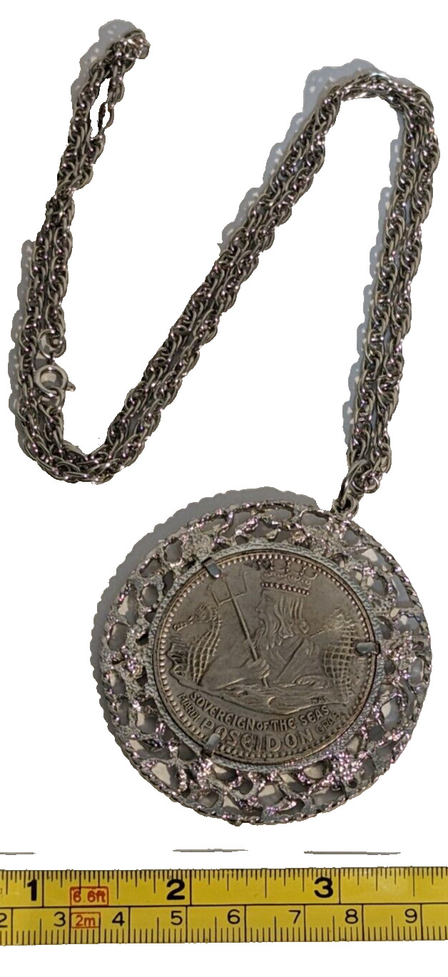 1978 Poseidon Oxidized Silver Doubloon Mardi Gras Necklace Medalion Coin VTG +