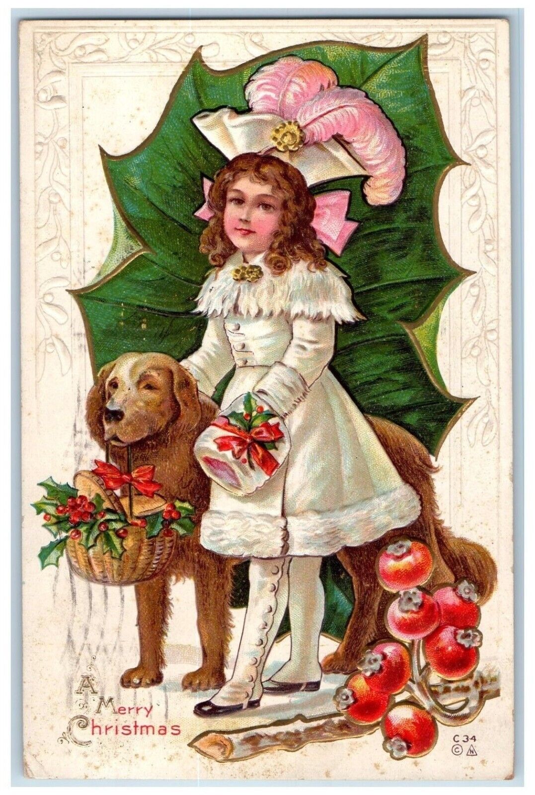 1913 Christmas Girl And Golden Retriever Dog Berries In Basket Embossed Postcard