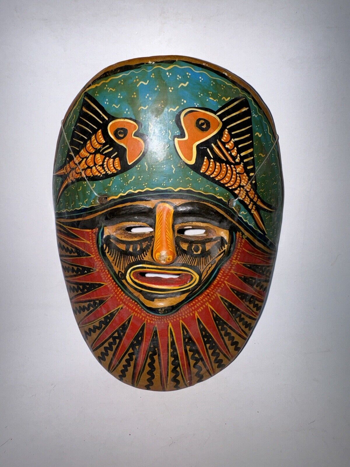 Vintage Hand Painted Mexican Folk Art Terracotta Clay Face Mask, Wall Art FISH