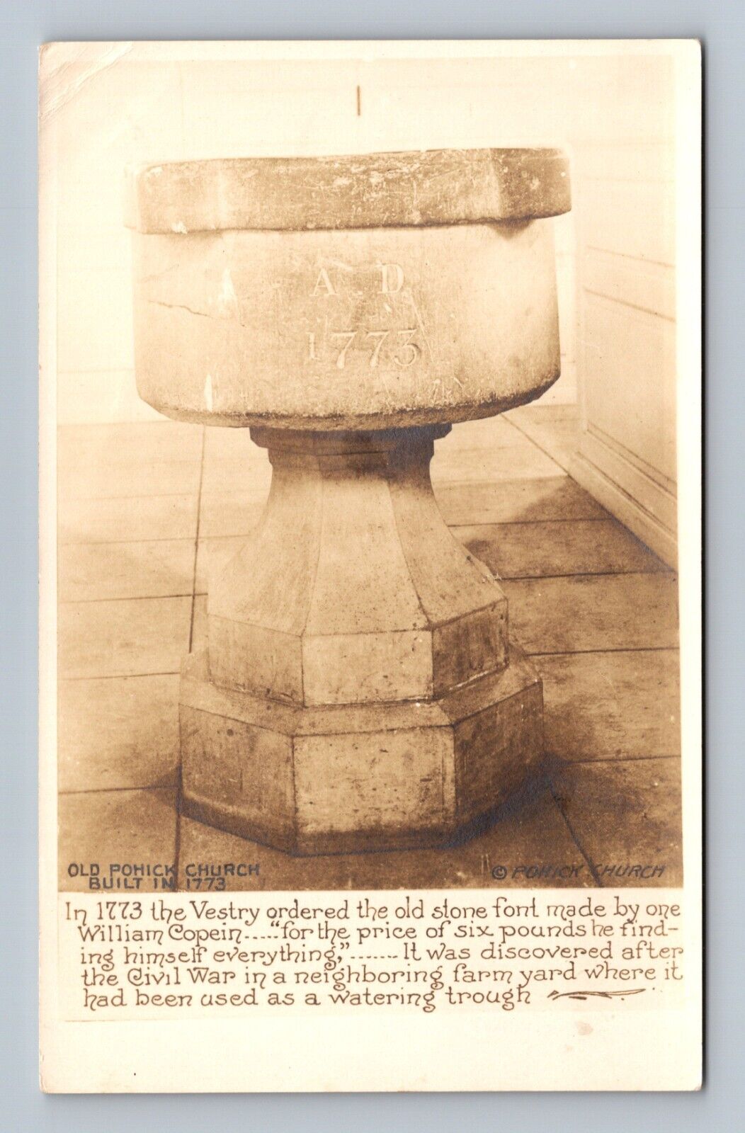 VIRGINIA RPPC POSTCARD: OLD STONE FONT BY WILLIAM COPEIN OLD POHICK CHURCH, VA