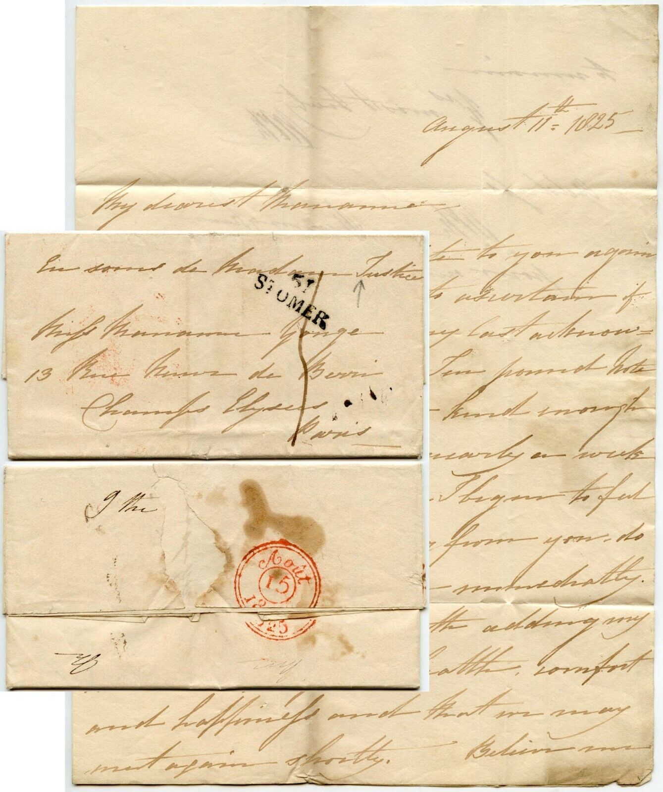 FRANCE 1825 LETTER in ENGLISH to MISS MARIANNE YONGE in PARIS ...ST OMER MILEAGE