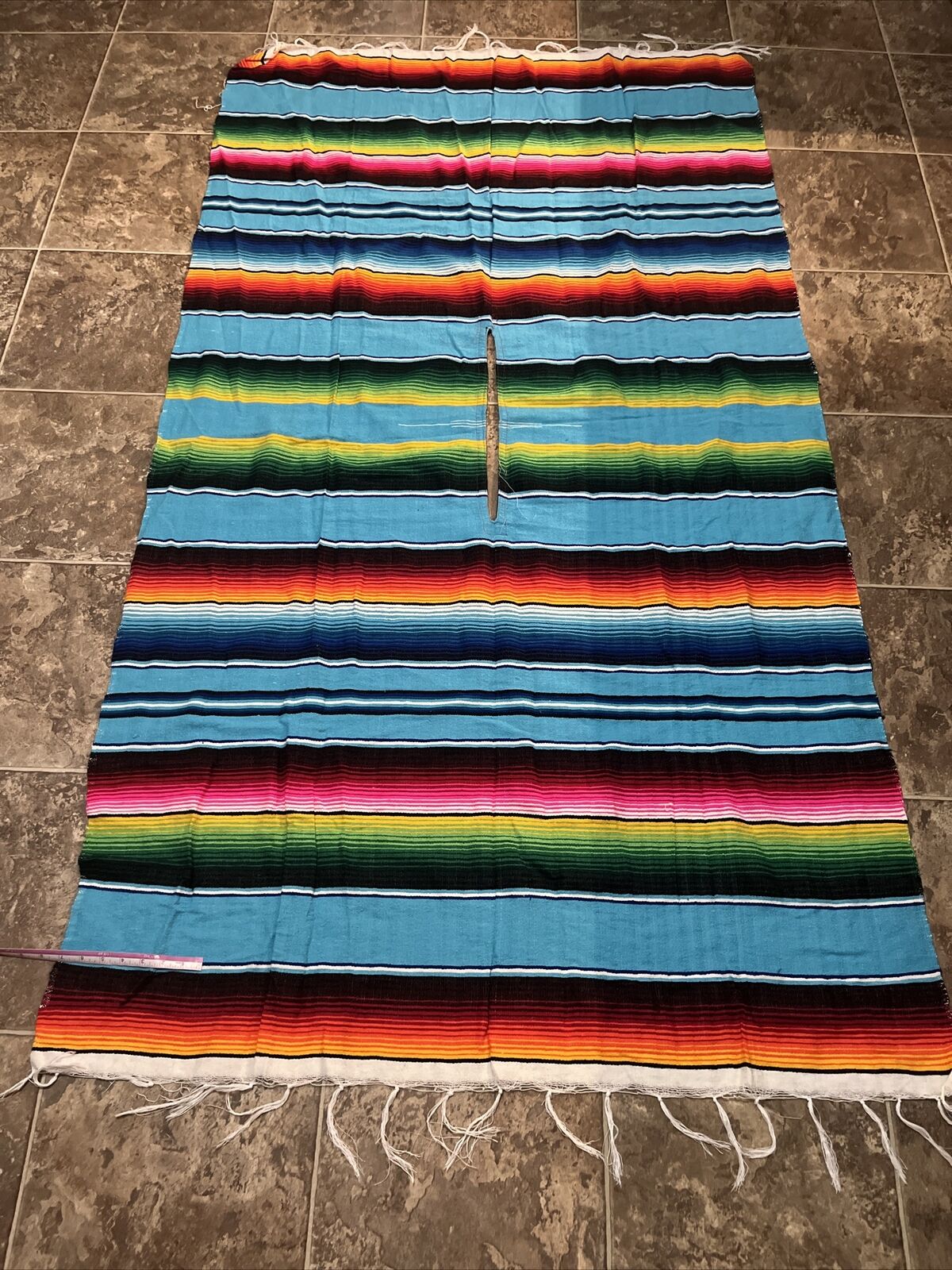 Vintage Southwestern Mexican Woven Wool Serape Colorful Blanket Poncho Rug L XL