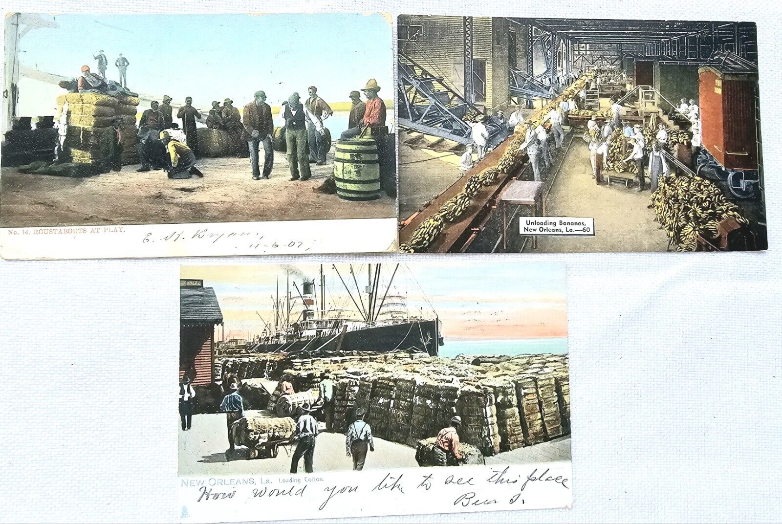 Antique 1907,  3 African American New Orleans LA Cotton On The Docks Postcards