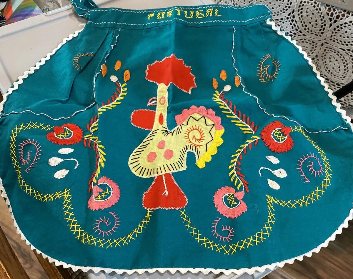 Vintage hand embroidered Traditional Portuguese Rooster half apron Folk Art