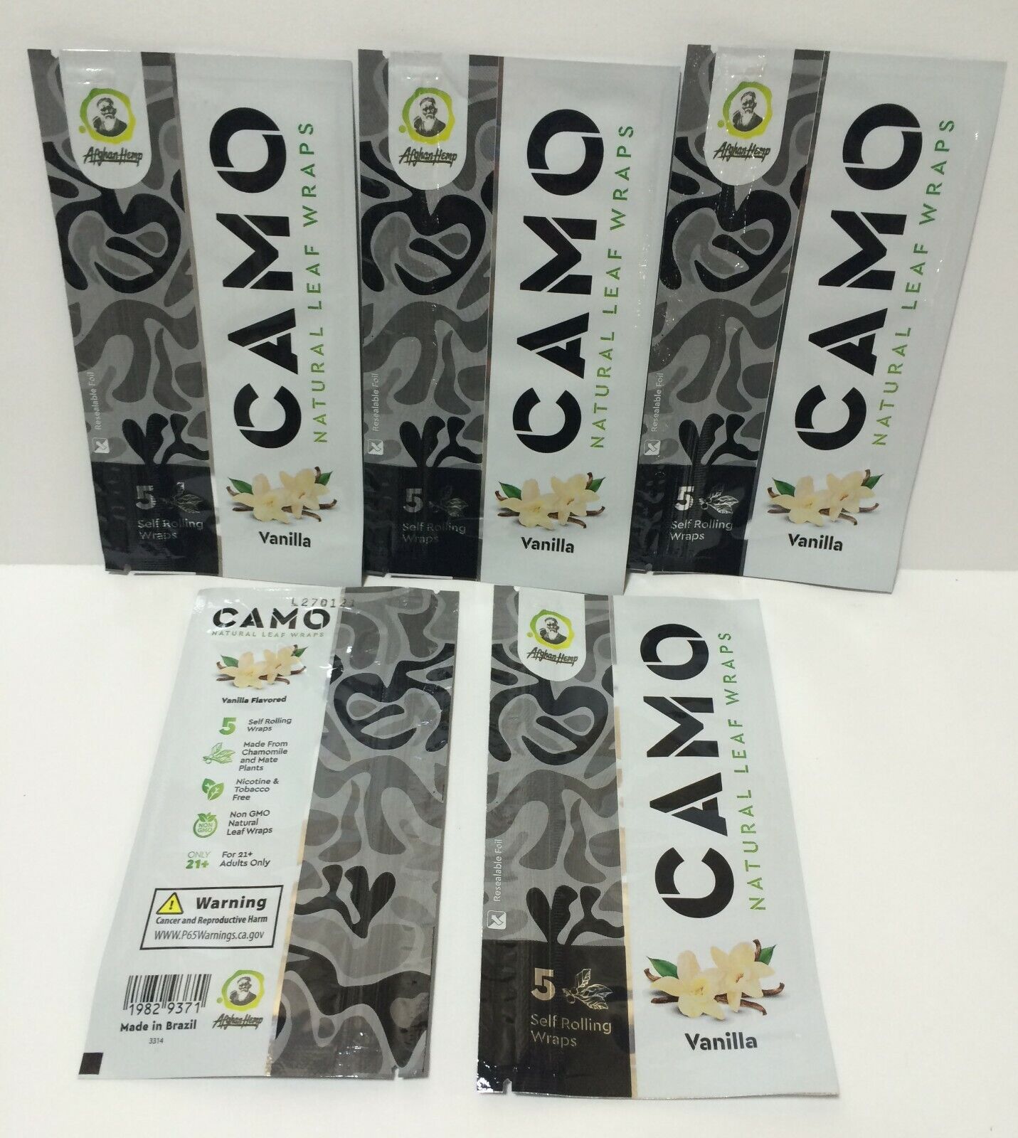5 PACKS of CAMO NATURAL LEAF WRAPS - VANILLA - 25 SHEETS HERBAL CHAMOMILE MATE
