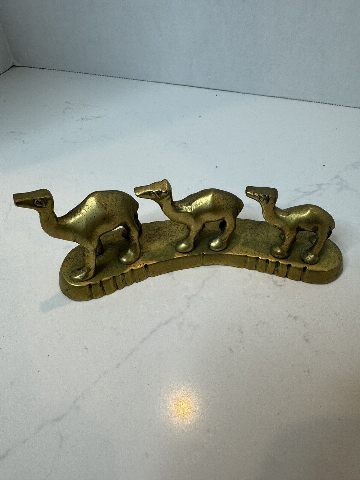 Vintage Beautiful Brass Camel Family In Row Sculpture Figures