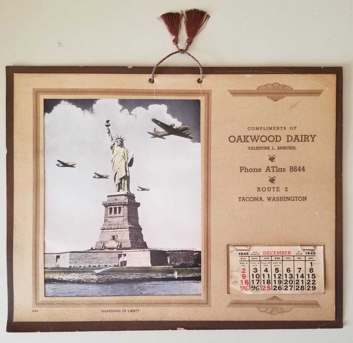 Antique 1945 Guardians of Liberty Oakwood Dairy Tacoma Washington Calendar 