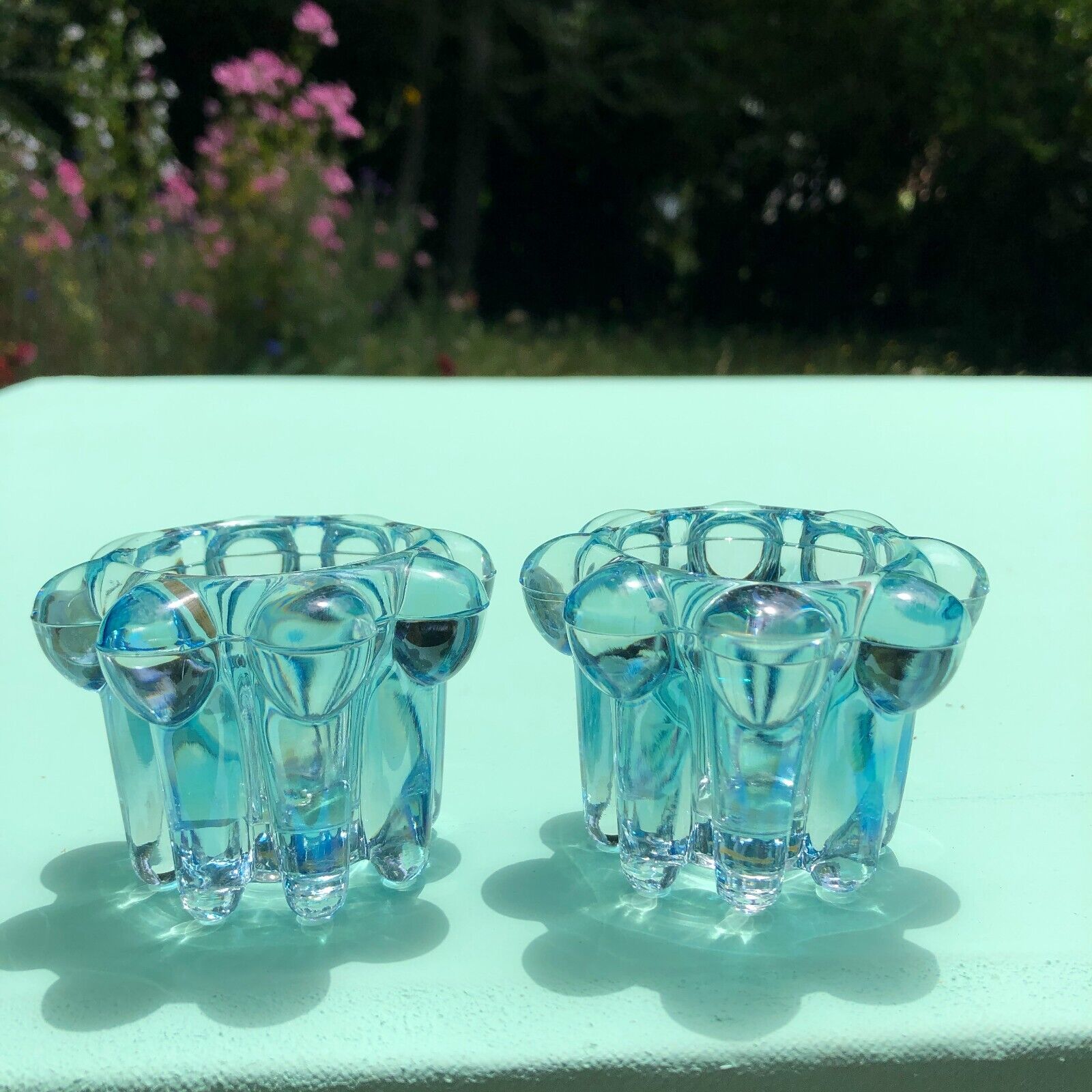 Pair of Vintage 1960s Reims French Glass Blue Candleholders Retro Bubble-Type