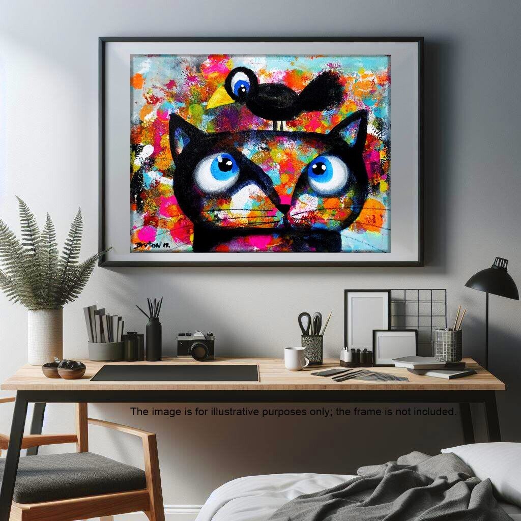 Cat & Bird Original Print Art  FREE GIFT+  USA