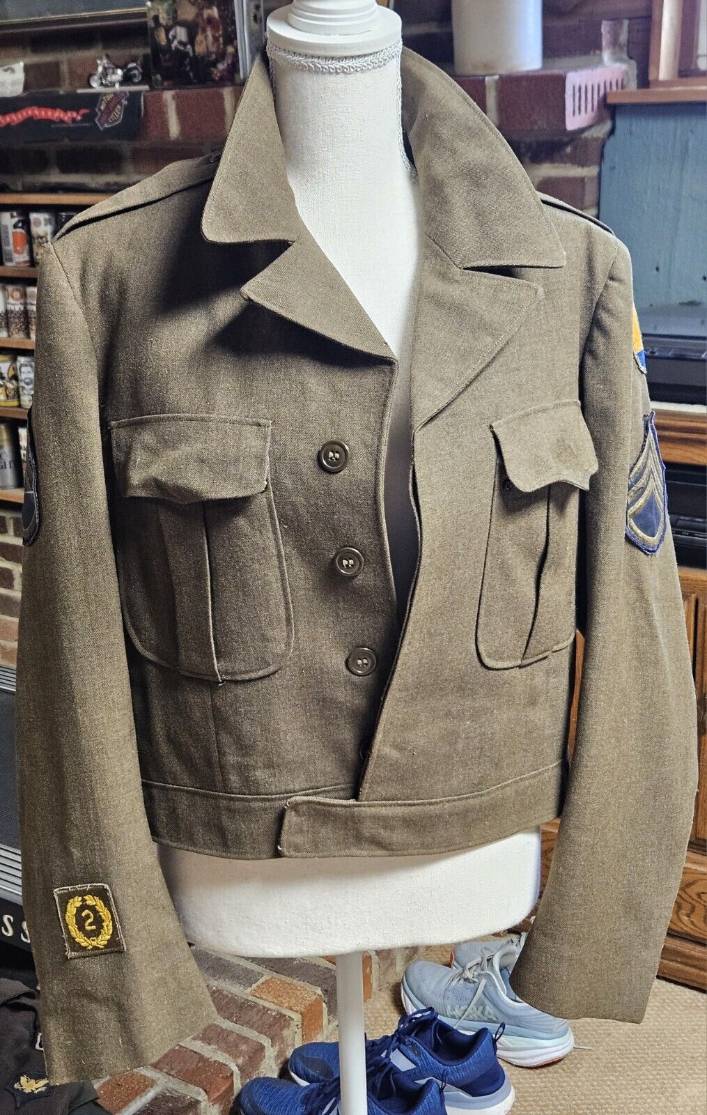 Vtg 1950 US Army officer Field Jacket Waist Wool Uniform 40 R with patches Green