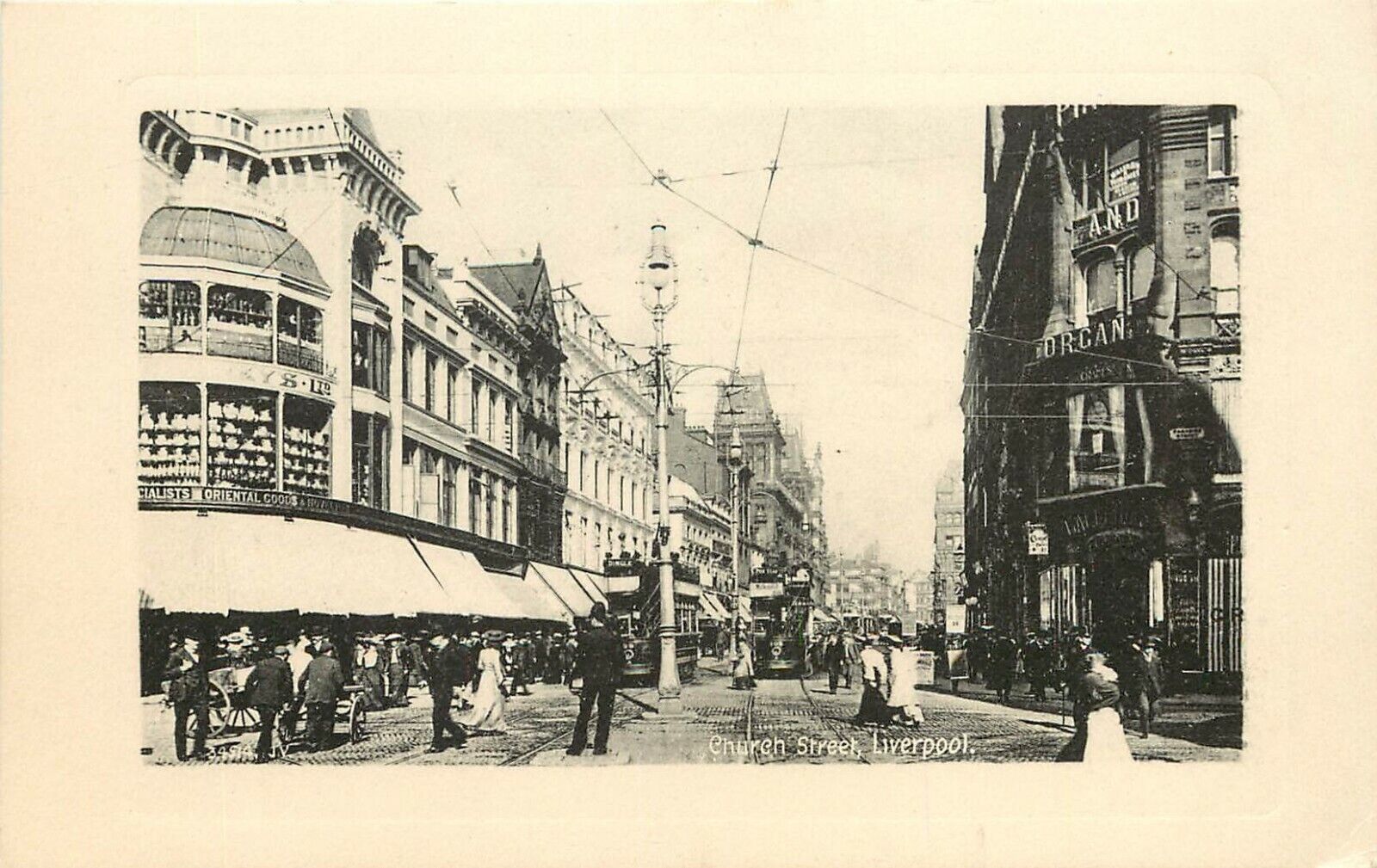 c1907 Postcard; Busy Church Street Liverpool Business Signs Trolleys Pedestrians