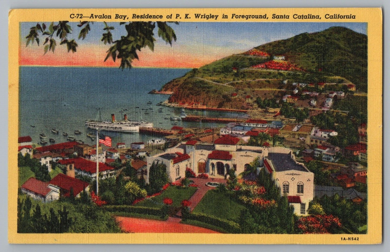 Postcard Avalon Bay, Santa Catalina, California Steam Ship American Flag
