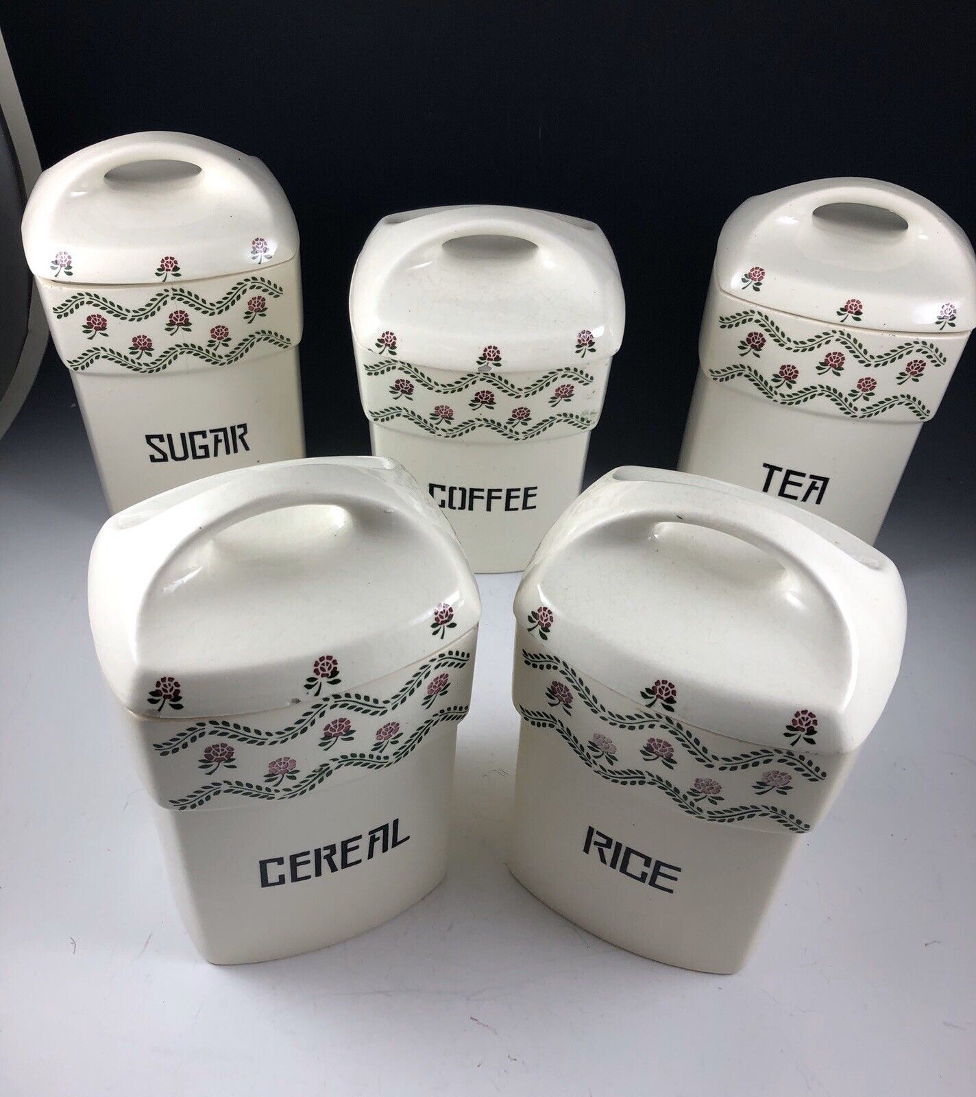 5 - Antique Staffel Riga Germany Canister Set Sugar Coffee Tea Cereal Rice