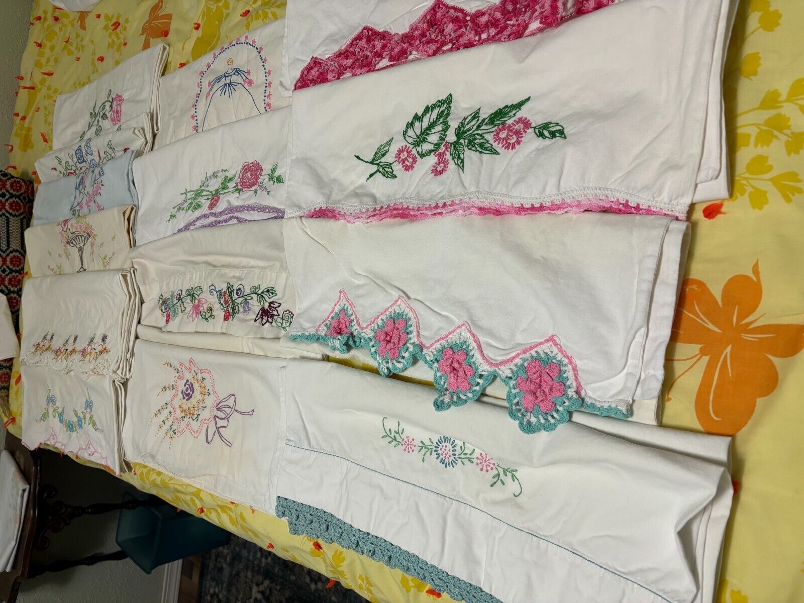 Vtg Lot of 20 Embroidered Crochet Pillow Cases doubles and singles