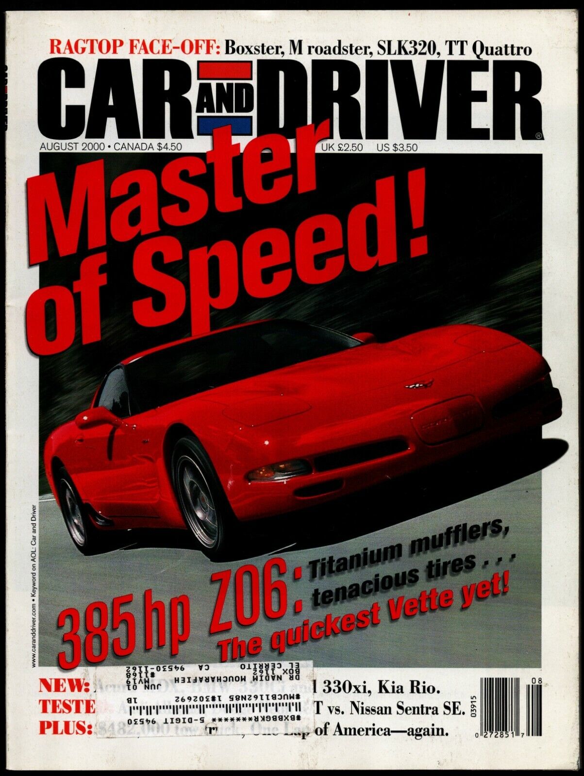  AUGUST 2000 CAR AND DRIVER MAGAZINE CORVETTE Z06, PORSCHE BOXSTER, MB SLK320