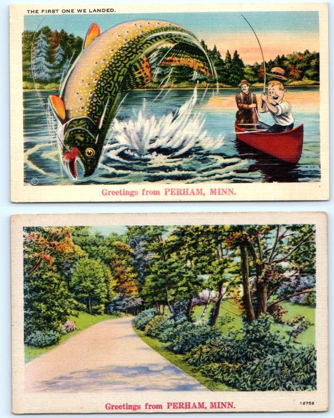 2 Postcards GREETINGS from PERHAM, Minnesota MN ~ Fish Exaggeration c1940s Linen
