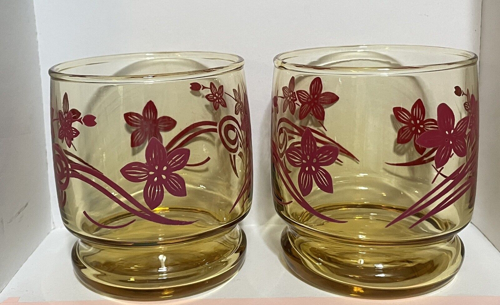 Vintage Set Yellow Amber Pink Flower Short Glass Drinking Cups Retro 60s 3.25”