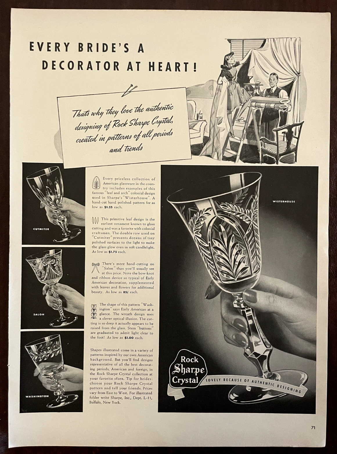 1941 ROCK SHARPE Crytal Vintage Print Ad Glass Bride Wedding Decorate