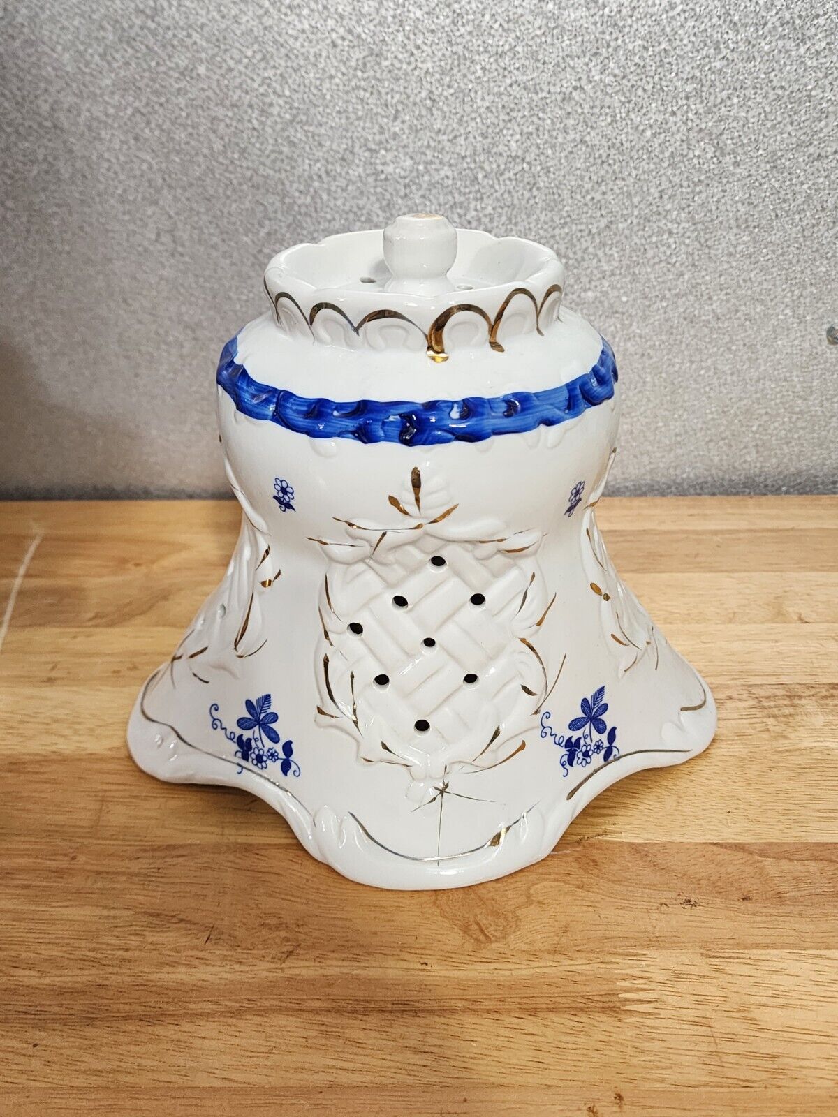 Vintage Porcelain Candle Cover 7 1/2” Tall White Blue Flowers