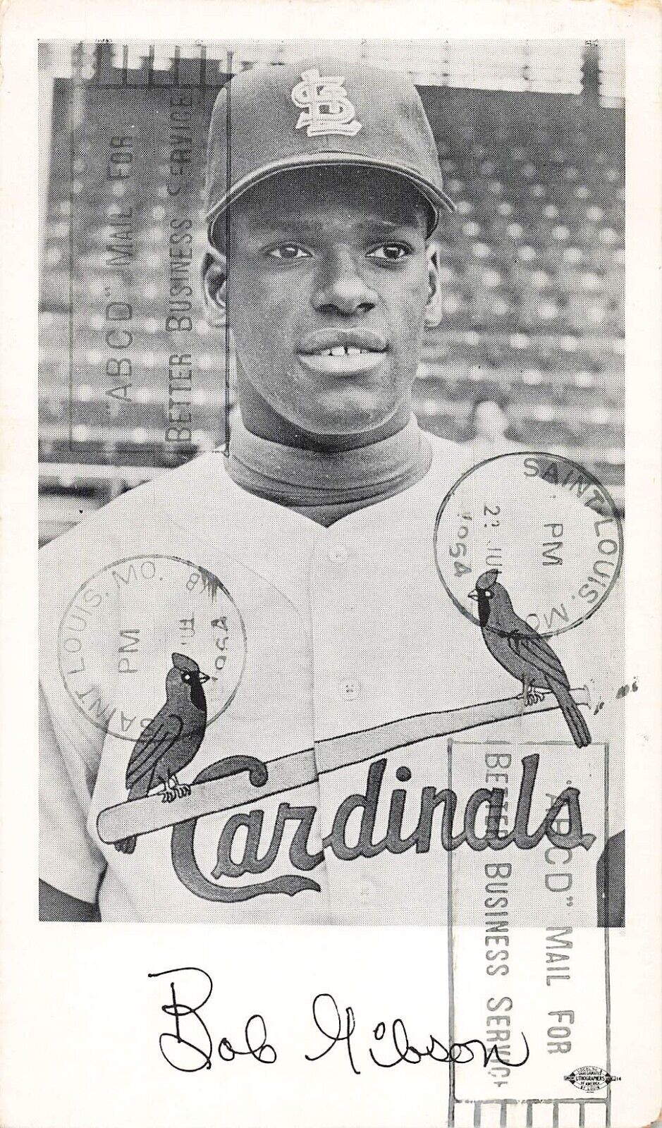 Bob Gibson St. Louis Cardinals HOF Pitcher Baseball Postcard Signed PM 1964   R7