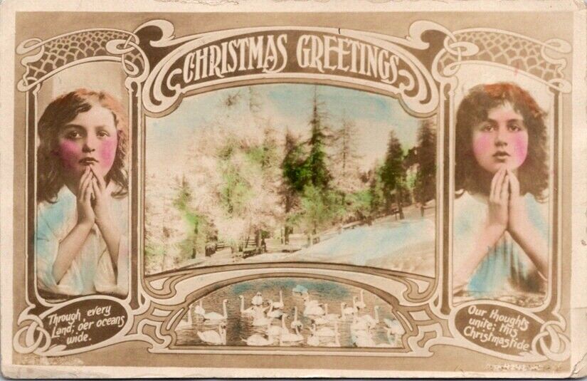 Postcard Christmas Greetings Children with Hands Held in Prayer c.1907-1915 Q515