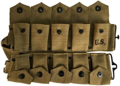 U.S Army M1923 M1 Garand Rifle Cartridge 10 Pocket Canvas Belt Khaki