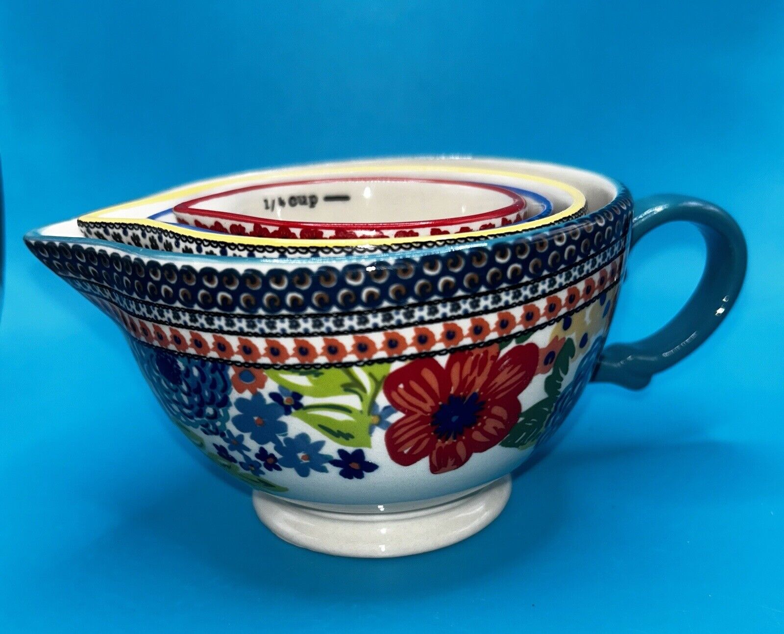 Pioneer Woman Dazzling Dahlias 4 PC Ceramic Measuring Bowl Nesting Cup Set
