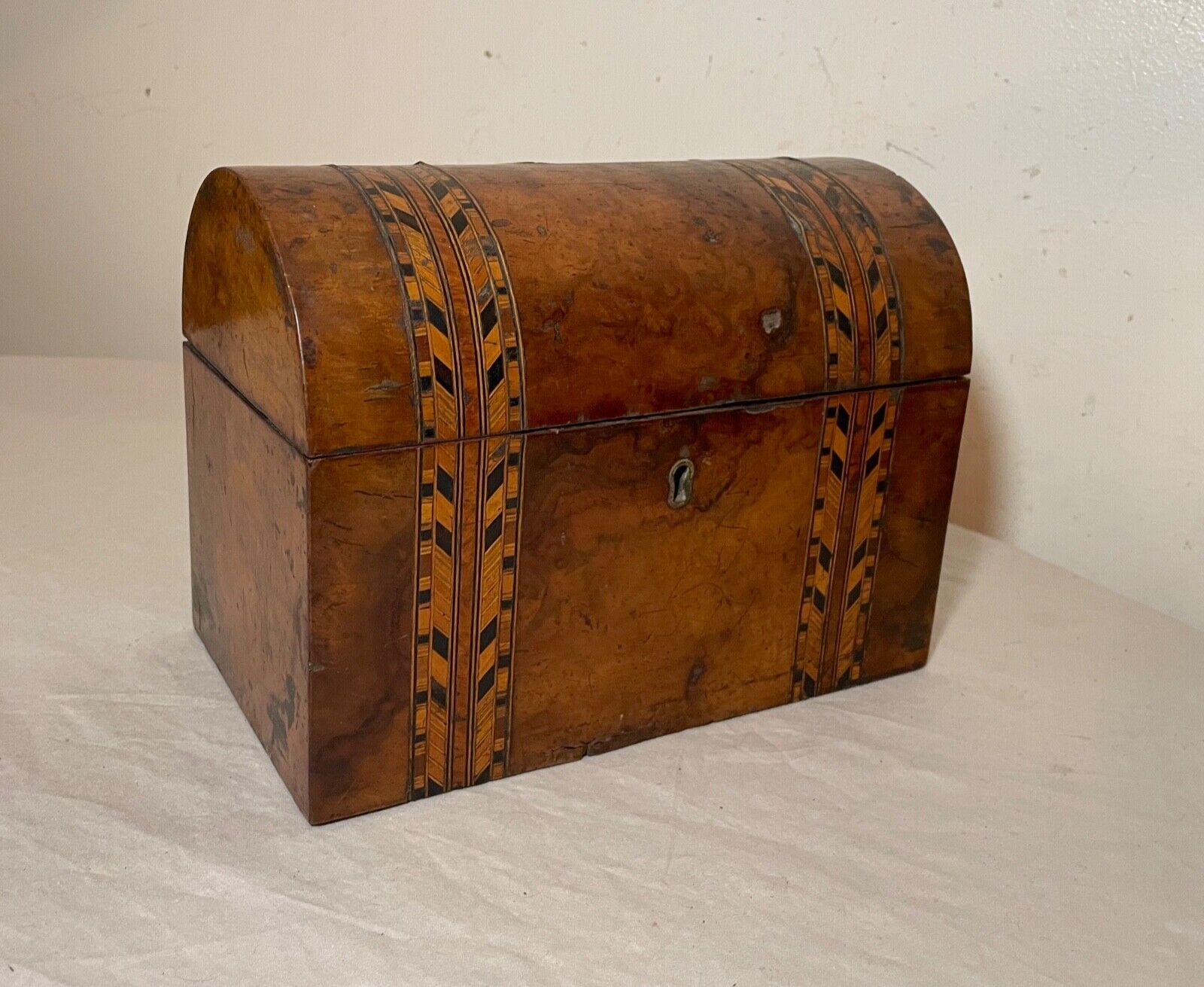 Antique 19th Century English Tunbridge Inlaid Marquetry Walnut Domed Tea Caddy